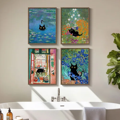 Miniatura 17 de Arte de pared divertido de vaca de las tierras altas enmarcado para baño, 4 piezas de divertidos animales, impresiones artísticas azul marino, linda