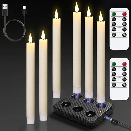 GenSwin Velas cónicas recargables sin llama con base de carga, paquete de 6 velas LED que funcionan con batería con control remoto y temporizador,