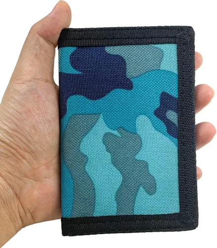 Miniatura 4 de Cartera de lona triple RFID para deportes al aire libre para hombres, lindo monedero con cremallera y bolsillo frontal para niños, color camuflaje