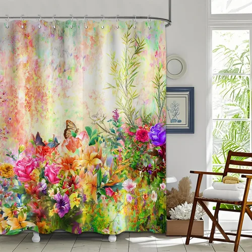 Miniatura 2 de Cortina de ducha floral para primavera y verano, flores silvestres, flores y mariposas, decoración de baño, tela impermeable con ganchos, 70