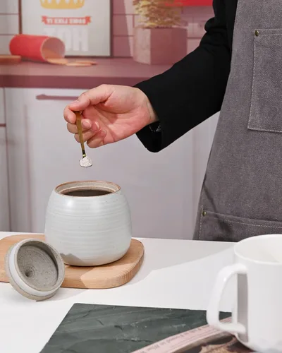 Miniatura 4 de Recipientes de cocina retro, tarro de almacenamiento de alimentos de cerámica de forma redonda con tapa hermética de silicona para té, café, nueces