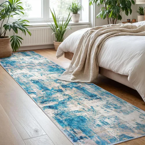 Miniatura 6 de KOZYFLY – Alfombra de pasillo moderna y lavable de diseño abstracto en tono azul, 2 x 8 pies, antideslizante, de pelo corto y fabricada con fibra