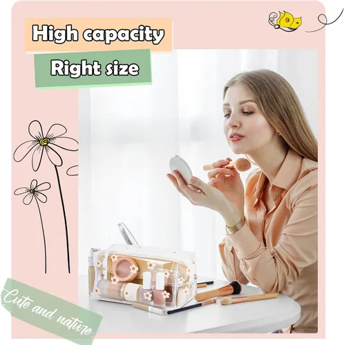 Miniatura 6 de Amylove Paquete de 2 bonitas bolsas de maquillaje de flores con cremallera de margaritas, bolsa para lápices florales, bolsas de aseo portátiles