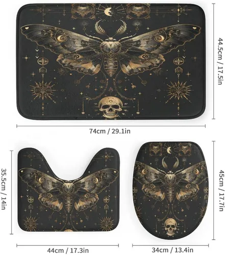 Miniatura 3 de Juego de 4 cortinas de ducha retro de estrella y luna, decoración de baño, cortina de ducha gótica de Halloween, mariposa aterradora con alfombra