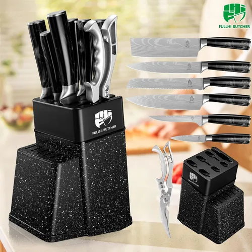 Miniatura 6 de FULLHI Juego de 8 piezas de bloque de cuchillos, juego de cuchillos de chef con bloque y afilador, juego de cuchillos de cocina, mango multicolor