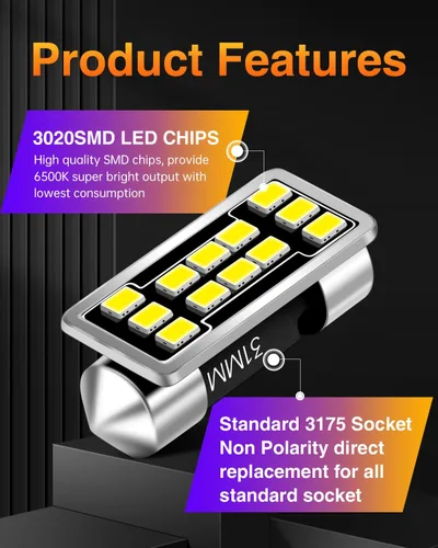 Miniatura 7 de DE3175 DE3021 - Bombillas LED de cúpula de 640 lúmenes, extremadamente brillantes, 3020 12-EX, chipsets de 1.25 pulgadas, 1.220 in, DE3022 3175