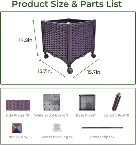 Miniatura 5 de Doppy Cama de jardín elevada de plástico, macetas profundas con ruedas, macetas móviles para plantas de interior y exterior, cajas de jardín