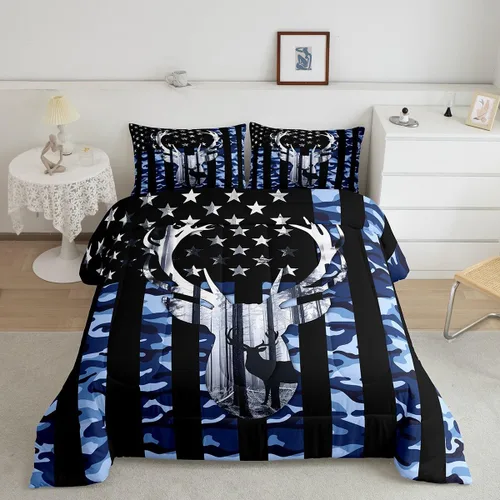 Miniatura 2 de Juego de edredón Queen con bandera estadounidense, edredón de plumón de camuflaje azul con astas y hojas grises para hombres adultos, juego de ropa