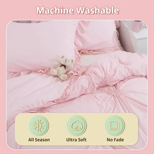 Miniatura 6 de HOMBYS - Juego de 5 piezas de ropa de cama rosa para niñas con sábanas y fundas a juego, juego de edredón individual de color rosa suave