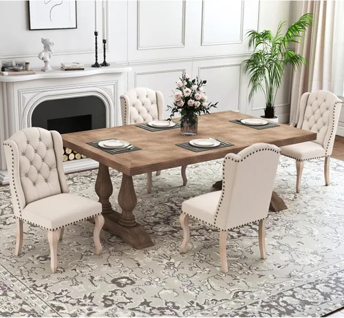 Miniatura 9 de chairus Juego de 4 sillas de comedor con diseño capitoné Parsons, tapizadas de estilo rústico francés con ribete de cabeza de clavo y patas
