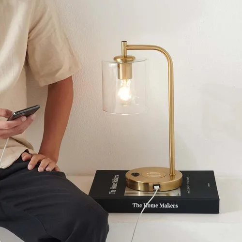 Miniatura 4 de Brightech Elizabeth - Lámpara de mesa con almohadilla de carga inalámbrica y puerto USB, lámpara de lectura de noche, lámpara de escritorio dorada