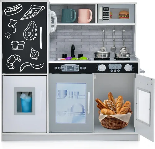 Costzon Juego de Cocina para Niños, Set de Juguetes de Cocina de Madera de Simulación con Sonido Realista, Pizarra Grande, Teléfono, Microondas, gris