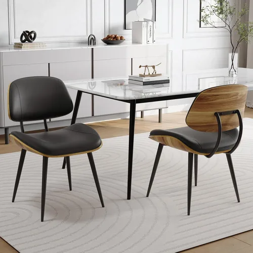 Miniatura 12 de Juego de 2 sillas de comedor modernas de mediados de siglo, sillas de cocina sin brazos de piel sintética con respaldo de madera curvada de nogal