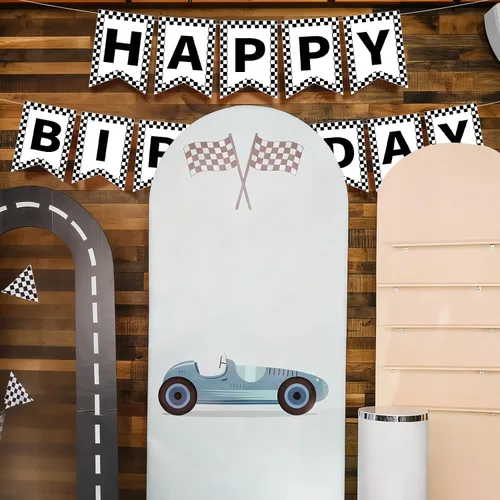 Miniatura 7 de Fuyoooo 4 banderas de feliz cumpleaños a cuadros en blanco y negro con bandera de carreras, banderas de fiesta, incluidas decoraciones de fiesta