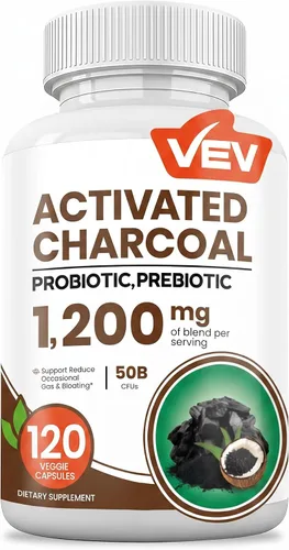 VEV Carbón activado con carbón orgánico de cáscara de coco y 50 mil millones de probióticos – 120 cápsulas veganas para el bienestar digestivo y
