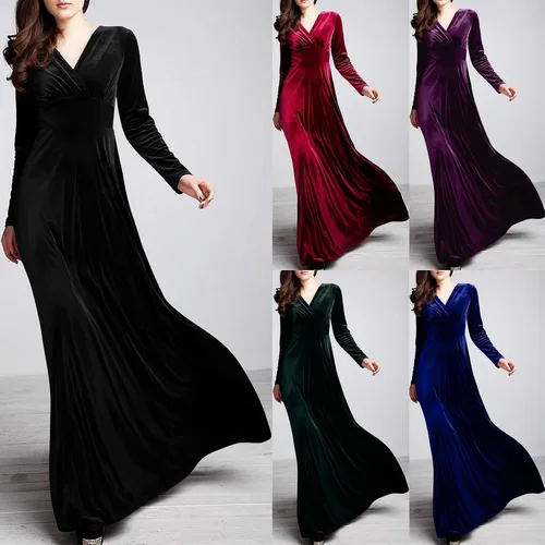 Miniatura 2 de SGASY Vestido largo de terciopelo elástico de manga larga con cuello en V para mujer, elegante vestido de cóctel con forro A