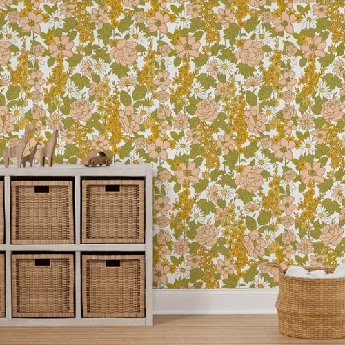 Miniatura 7 de Papel tapiz autoadhesivo para despegar y pegar, papel tapiz vintage de los años 70 con diseño floral retro bohemio, rosa y verde, papel tapiz