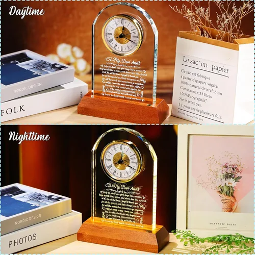 Miniatura 5 de Arikyrist Regalos para Tía de Sobrina y Sobrino con Base de Madera con Luz, Reloj de Cristal Significativo para Tía, Regalos de Cumpleaños, Regalos