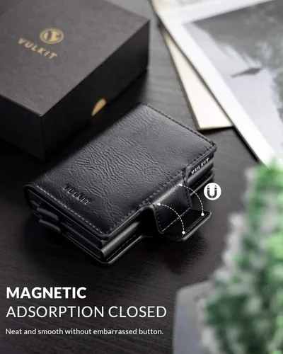 Miniatura 5 de VULKIT Tarjetero de crédito con bloqueo RFID de cuero automático, billetera desplegable delgada con clip para dinero, funda doble para tarjetas