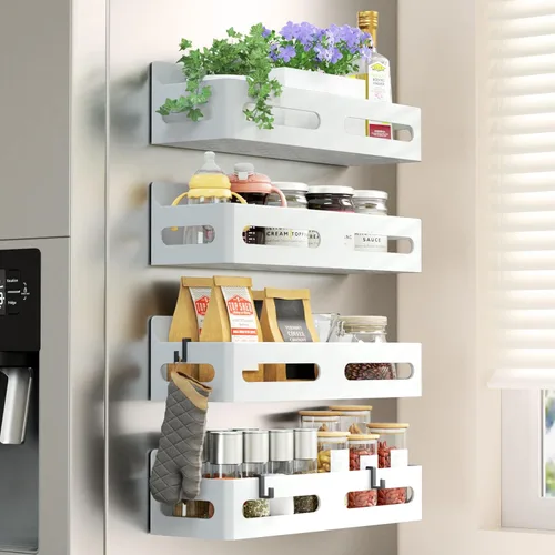Sevenblue Paquete de 4 estantes magnéticos para especias para refrigerador, organizador de estantes para especias, estante magnético móvil Blanco