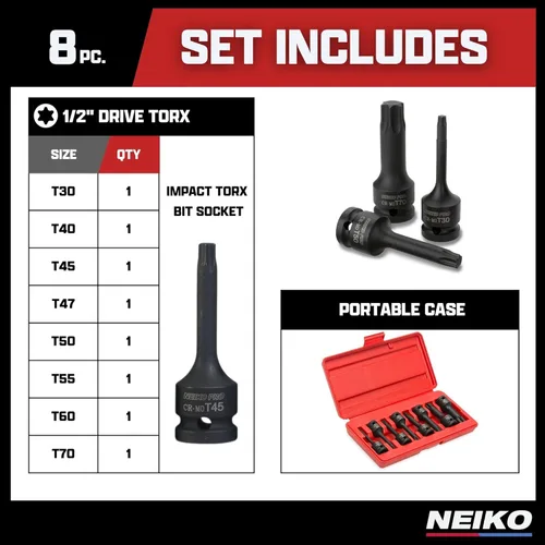 Miniatura 6 de NEIKO 01138B - Juego de llaves de vaso Torx Star de 1/2 pulgada 8 piezas T30 a T70 3 pulgadas de longitud Grado de impacto Cr-Mo