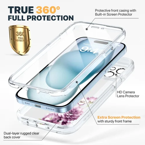 Miniatura 449 de Diaclara Funda diseñada para iPhone 16, mejorada [protección completa de la cámara], carcasa resistente de cuerpo completo con protector de pantalla