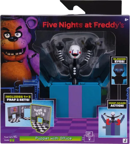 Jazwares Five Nights at Freddy's Puppet - Figura articulada de 5 pulgadas con función Jumpscare, ojos que brillan en la oscuridad y diorama óptico