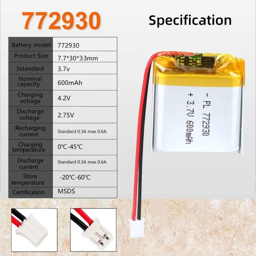 Miniatura 4 de 3.7V 600mAh 772930 Lipo batería recargable de iones de polímero de litio con conector PH2.0.000 in JST