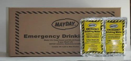 Miniatura 3 de Mayday, caja con bolsas de agua para emergencia (100 unidades). Preparación para casos de emergencia, supervivencia y viajes con mochila a cuestas.