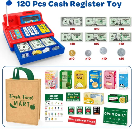 Miniatura 2 de Juguete de Caja Registradora con Calculadora para Niños de 3, 4, 5, 6, 7, 8+ Años, Set de 120 Piezas de Tienda de Comestibles con Micrófono, Cajas