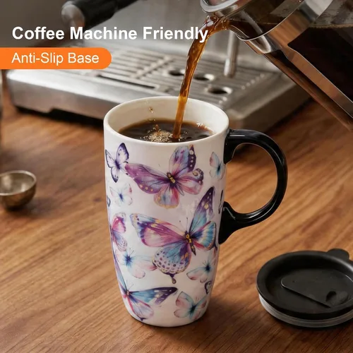 Miniatura 2 de Topadorn Taza de viaje de cerámica de 17 onzas con tapa y asa a prueba de derrames, apta para microondas y lavavajillas, regalo para hombres