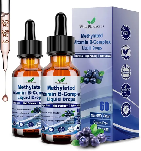 Paquete de 2 Gotas Líquidas de Complejo B Metilado Completo 9-en-1 Vitaminas Metil B con B12 Metilfolato Inositol Colina TMG Vitamina C E, Súper