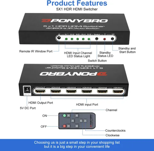 Miniatura 6 de Conmutador HDMI 2.0 de 5 puertos 4K @60Hz conmutación automática - 5 en 1 salida con control remoto, HDR10, 3D, Ultra HD para PS5/Xbox/PC/Fire TV
