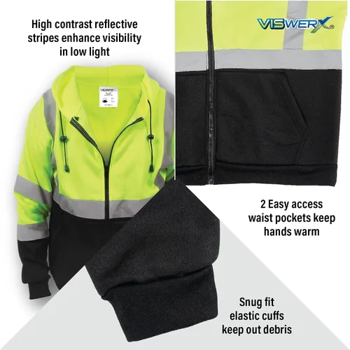 Miniatura 4 de Sudadera con capucha Hi-Vis con cremallera completa – ANSI CL3 – Sudadera reflectante para trabajo, construcción y zonas de alto tráfico, sudadera