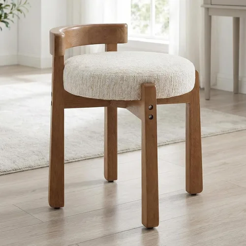 Miniatura 7 de DUOMAY Taburete de tocador de felpilla beige con respaldo bajo, altura del asiento de 18.75 pulgadas, otomana redonda tapizada, patas de goma