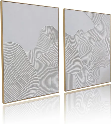 Pintura de Arte de Pared Abstracta Neutra Enmarcada - Decoración de Pared de Lienzo Abstracto Grande con Ilustraciones de Curvas 3D Pintado a Mano