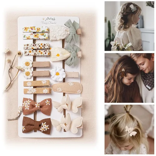 Miniatura 10 de 13 piezas de pinzas para el cabello para niñas con lazos mariposa y flores, pinzas de cocodrilo forradas de 2 pulgadas y pasadores, accesorios