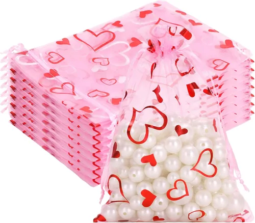 Miniatura 9 de G2PLUS - Bolsas de organza de corazón, 50 bolsas de regalo con cordón transparente de 4 x 6 pulgadas Pink Mesh Bags with Gold Foil Hearts for