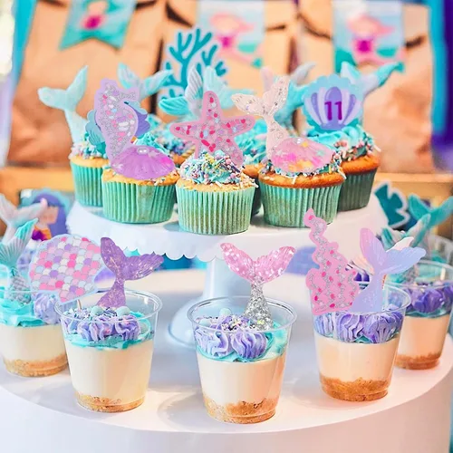 Miniatura 6 de Decoración de pastel de sirena para niña, 30 piezas, figura de sirenita bajo el mar, océano, decoración de tartas, algas, burbujas, estrellas