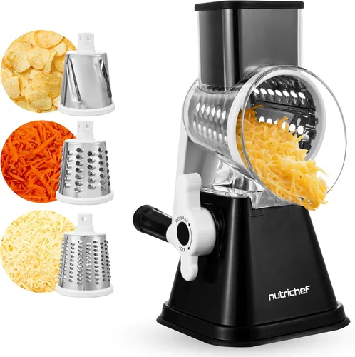 Nutrichef Rallador y triturador de queso 3 en 1 | Base de succión fuerte, mango giratorio con bloqueo de seguridad | Incluye manivela y 3 cuchillas