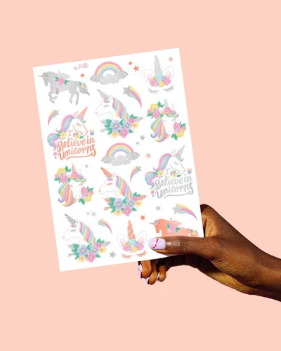 Miniatura 5 de xo, Fetti Recuerdos de fiesta de unicornio – Tatuajes temporales para niños – 26 estilos Suministros para fiesta de cumpleaños, decoraciones
