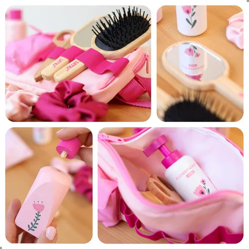 Miniatura 3 de UMU® Juego de peluquería de madera – 17 piezas de juguete de peluquería con secador de pelo, alisador, peine de espejo y accesorios – Diseño