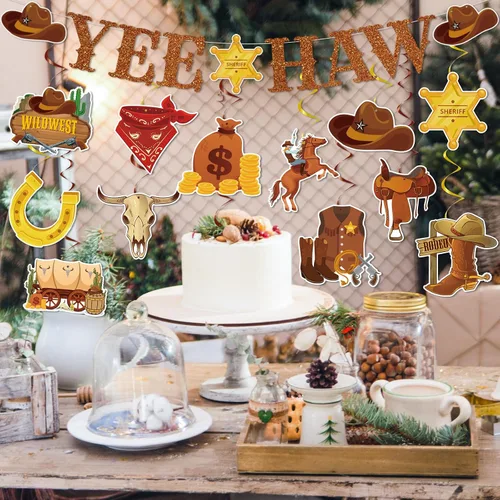 Miniatura 4 de Decoraciones de fiesta de cumpleaños del salvaje oeste, 29 piezas de decoraciones de fiesta de vaquero occidental de Yee Haw, remolinos colgantes