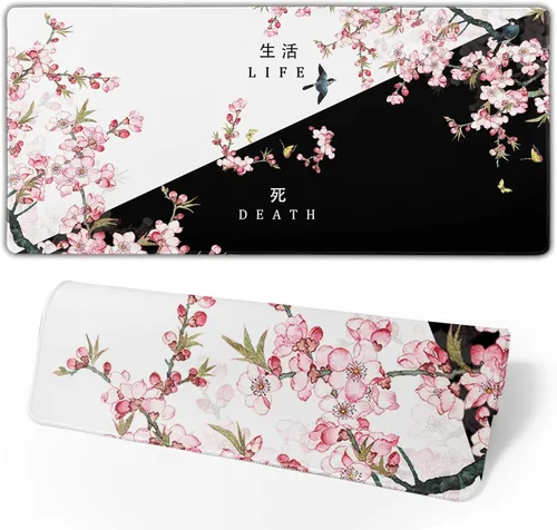 Miniatura 2 de Alfombrilla de mouse XXL para juegos grande, color rosa Sakura Death Life, alfombrilla de escritorio extendida, base de goma antideslizante de 35.4