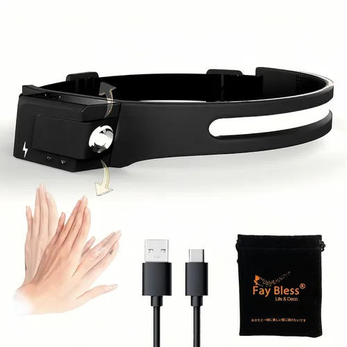 Miniatura 11 de Fay Bless USB tipo C recargable LED sensor faro con ángulo ajustable (HeadlampBand-JP-Negro 2PCS)