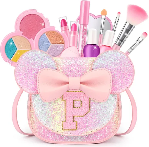 Miniatura 15 de Kit de maquillaje para niñas – Juego de maquillaje lavable real de 15 piezas – Cosmético no tóxico para niños pequeños con bolso de letras – Regalos