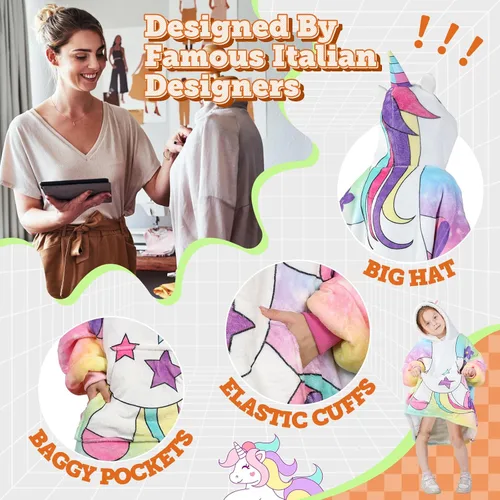 Miniatura 2 de Sudadera tipo manta portátil para niños, de gran tamaño, con capucha, de sherpa, con bolsillo en la capucha y mangas, para niños pequeños, lindas