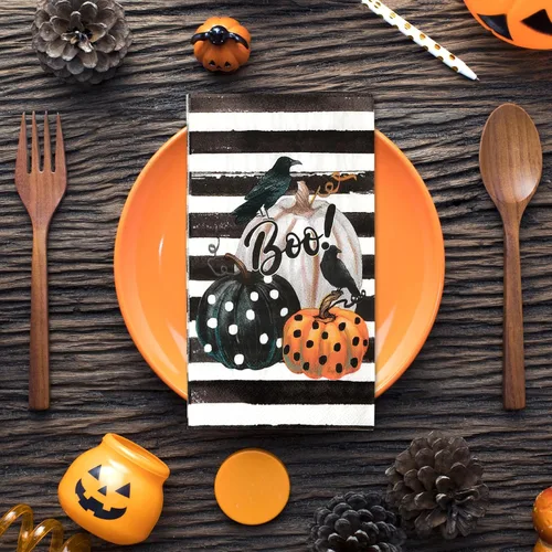 Miniatura 6 de Servilleta de papel de 3 capas desechable para invitados de Halloween, toalla de mano con rayas de calabaza y cuervo, servilletas de cena