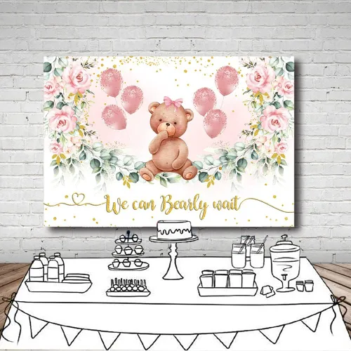 Miniatura 4 de MEHOFOND Telón de fondo de fiesta de oso para baby shower para niña, fondo de fotografía floral rosa rubor, puntos con purpurina dorada, hojas