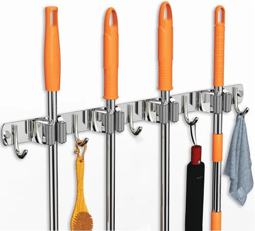 Miniatura 18 de CUXIXA Organizador de escoba y trapeador para colgar en la pared, soporte de pared mejorado para trapeador y escoba, soporte de pared de acero Plata